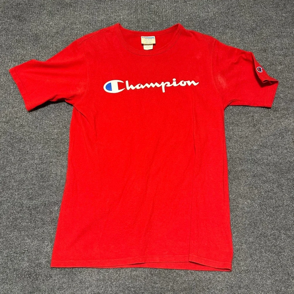 Champion Mens Script Logo‎ T-Shirt Red Short Sleeve Cotton Tee GT19 Medium